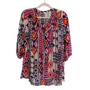FRANCESCA'S COLLECTIONS Womens Sz L Multicolor Geometric Print Sheer‎ Top Blouse
